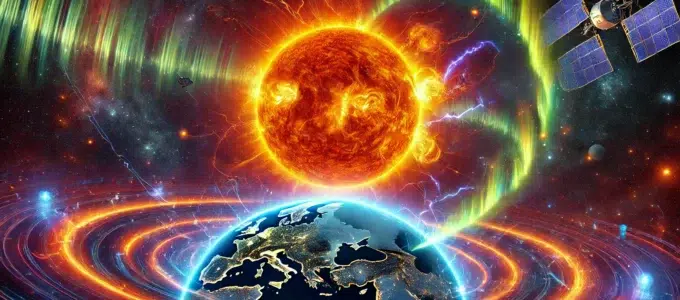 Illustrasjon av solen som sender ut et koronalt masseutbrudd (CME) med synlige plasmautbrudd på vei mot jorden. Jorden vises i forgrunnen med nordlys som gløder over polene, omgitt av et stjernespekket verdensrom.