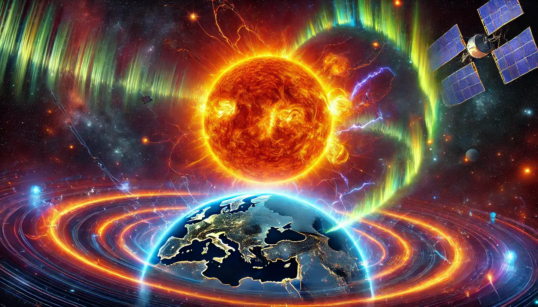 Folkeforskning - Bli bedre kjent med nordlyset 2 Illustrasjon av solen som sender ut et koronalt masseutbrudd (CME) med synlige plasmautbrudd på vei mot jorden. Jorden vises i forgrunnen med nordlys som gløder over polene, omgitt av et stjernespekket verdensrom.