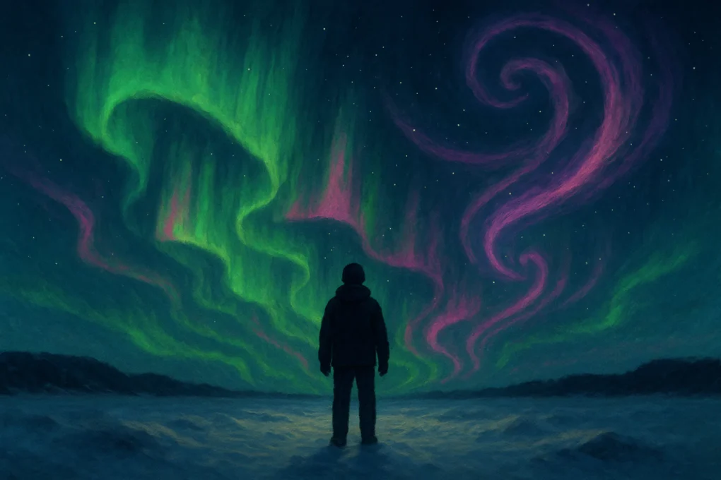 Hva er nordlys? 2 Fremhevet bilde til artikkelen "hva er nordlys". Du er ute en stille vinternatt, snøen knirker under skoene, og over deg henger den svarte himmelen helt stille. Så skjer det et grønt slør bølger over horisonten, rosa glimt og lilla spiraler danser, forsvinner og kommer tilbake. Du holder pusten. Du ser nordlyset.