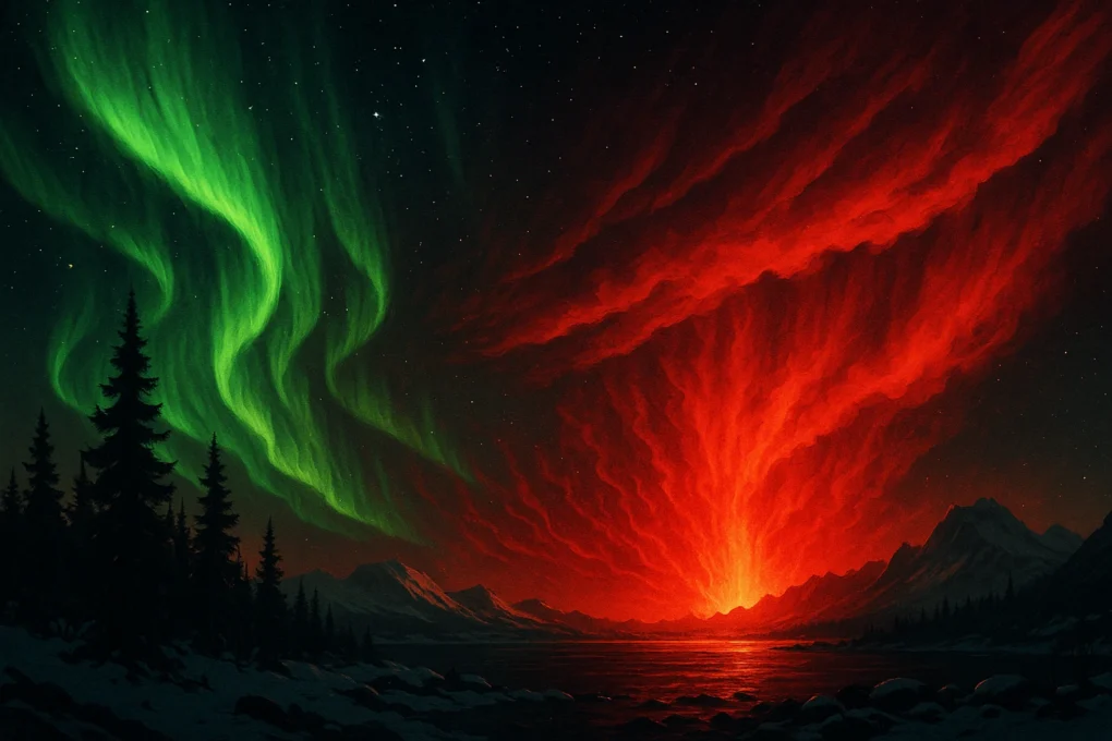 Den mørke siden av nordlyset 1 Digital illustrasjon av nordlyset, grønt og rødt slør på nattehimmelen over fjell og skog