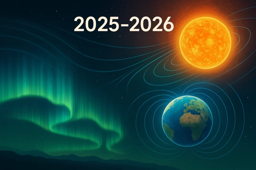 Nordlyssesongen 2025–2026: Prognoser, tips og beste tid å se nordlys i Norge 1 Illustrasjon av nordlyssesongen 2025–2026: solaktivitet, jordens magnetfelt og nordlys over Norge.