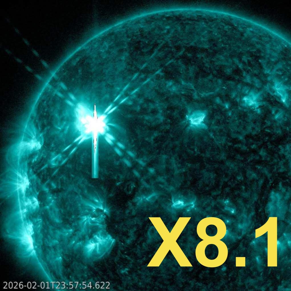 Dette bildet viser et kraftig solbluss fra natt til 2. februar 2026 (X8.1). 1